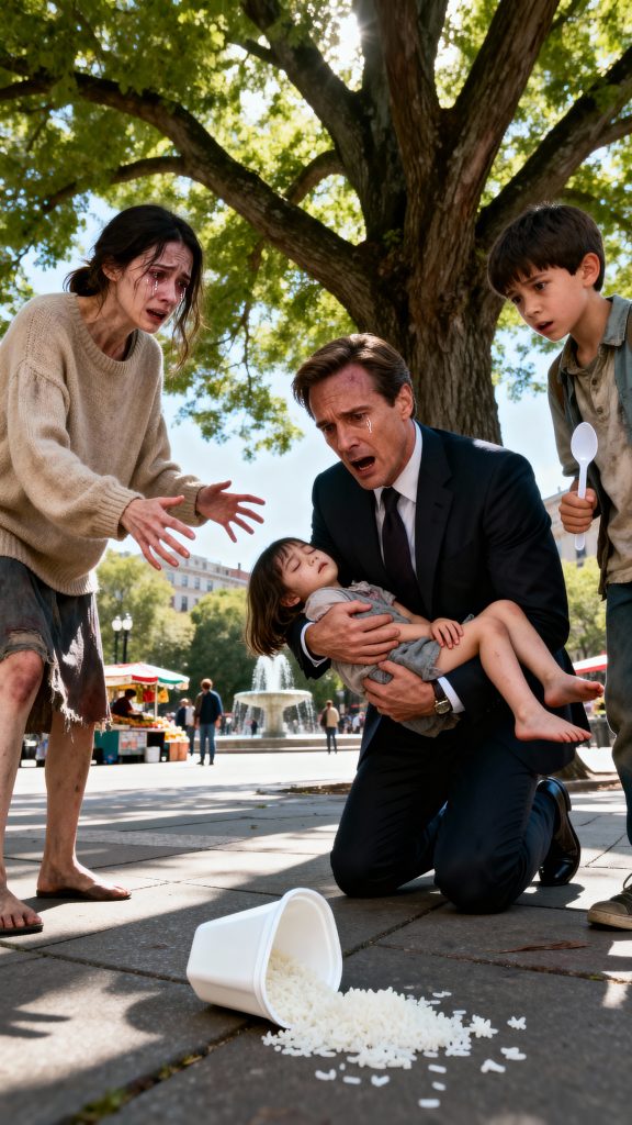 In a crowded plaza, he’s about to walk past like everyone else—until a pot of rice spills, a young girl faints, and a trembling mother still tries to shield her child. What the mother did moments earlier reveals a secret he can’t ignore.