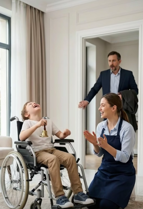 He hadn’t heard his son laugh in three years… until he came home early and found the new housekeeper kneeling on the floor beside him. What she was doing stunned him— and changed their family forever.