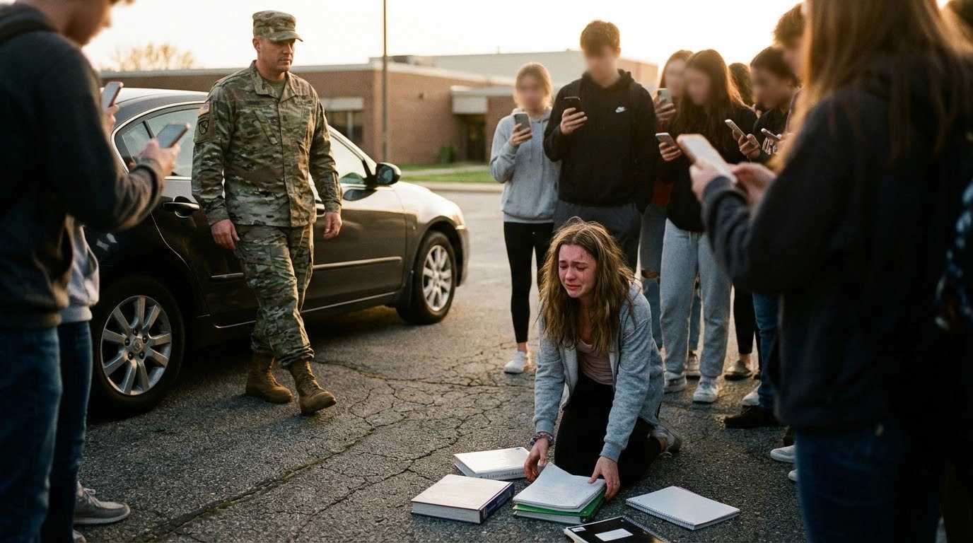 They Laughed and Filmed as She Cried on the Schoolyard Until a Military Father Stepped Out of His Car and His Daughter Looked Up and Whispered, “Dad.”