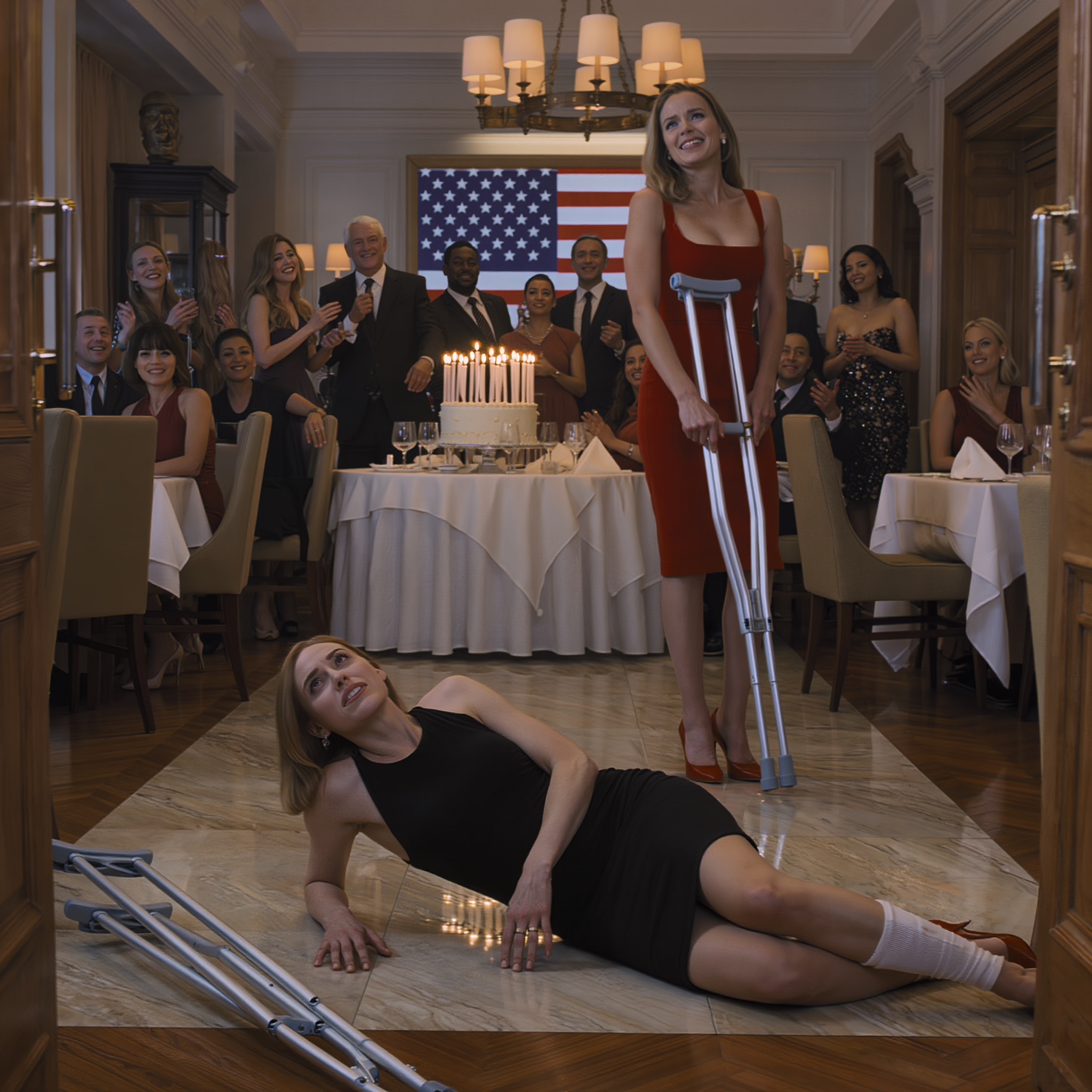 At my father’s birthday party, my sister snatched my crutches from me and said, “Stop pretending, some kids make their parents proud. Others just… take up space.” While my relatives laughed at the sight of me falling to the floor, no one noticed that my orthopedist was standing right behind them, and when he walked over, put his hand on my sister’s shoulder, and calmly said six words, the whole room fell silent.