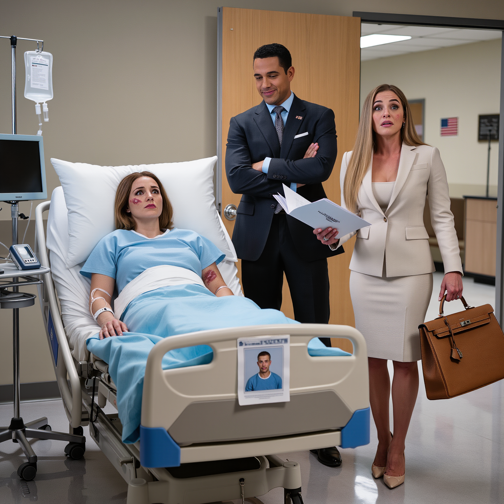 I survived an accident after inheriting $29 million. My husband never came to visit, he said he didn’t have time or money for a “loser”, when he finally showed up with his new wife to taunt me a few days later, she looked at me and screamed “Oh my god… she’s mine”. The beeping of the heart monitor was the first thing I heard when I woke up at Mercy General Hospital in Atlanta. The second thing I noticed was the pain – as if my ribs were made of broken glass. A truck had hit my car on I-85. They said I’d been in a coma for four days. Four days, and no one was sitting next to my bed. My name is Ammani Washington. I’m 34 years old, and the day I almost died was the luckiest day of my life. That morning, I was in a downtown law office with floor-to-ceiling windows, staring at numbers I still couldn’t process. “Miss Washington,” the lawyer said, pushing a file toward me, “Your Aunt Hattie left you everything. The trust is now valued at $29 million.” $29. Million. Dollars. I remember walking out of Hayes & Associates in a daze, the Georgia sun blazing, my hands clutching the papers as if they were about to fly away. I called the person I thought would make me happiest—my husband, Marcus. “Marcus,” I sobbed into the phone in the parking lot, “we’re rich. Aunt Hattie left me everything. $29 million. Our lives are about to change.” There was a pause. No yelling, no laughter, just… silence. Then his voice, low and sharp: “Where are you? Exactly.” I told him. He told me to go straight home. Don’t tell anyone. Not my mother. Not my sister. No one. I never made it home. A black van came out of nowhere, crossed two lanes, and hit the driver’s side of my car. Metal crashed, glass shattered, and then nothing. When I finally woke up, I asked the nurse if my husband was here. She looked at me with the kind of tired pity you only see from nurses in big American hospitals. “We called him, honey. He didn’t answer.” I didn’t want to believe it, so I called him myself on the hospital phone with trembling fingers. He picked up on the third ring, loud music in the background, a woman laughing. “What?” he snapped. “It’s me,” I whispered. “I’m at Mercy General Hospital. I was in an accident. I’ve been in a coma, Marcus. Four days.” He didn’t ask if I was okay. He sighed as if I’d interrupted him. “I don’t have time or money for a loser, Immani. You always need something. Take care of yourself.” Click. Then nurse Jackie told me he’d come to the hospital. Not to see me—to take my wallet “for safekeeping.” Right after I walked in. Before anyone knew if I’d survived. My AmEx card had been on a shopping spree in Buckhead ever since. Gucci in Lenox Square. Del Frisco Steakhouse. A five-figure wire transfer to a high-end law firm. He planned this. He knew about the $29 million. And the more Mr. Hayes explained how my trust worked, the clearer it became: if I were declared incompetent—or if I died—my husband could file for control of my estate. That’s when Hayes told me he’d send his best lawyer to defend me. “Her name is Brenda Adabio,” he said. “Don’t sign anything until she gets here.” And a few days later, the door to my hospital room swung open. Marcus walked in, wearing a brand-new Tom Ford suit, grinning like he’d just closed a big deal, holding a gorgeous woman in a cream designer suit, carrying a Hermes briefcase. He dropped the divorce papers on my blanket and called me a piece of trash. She flipped through the files, bored… until she looked at my bracelet. At my name. At the chart at the foot of the bed. Her face paled. The briefcase slipped from her hand and fell to the floor.  “Oh my God,” she screamed, staring at me as if I were a ghost. “She’s mine.” The full story in the first comment.