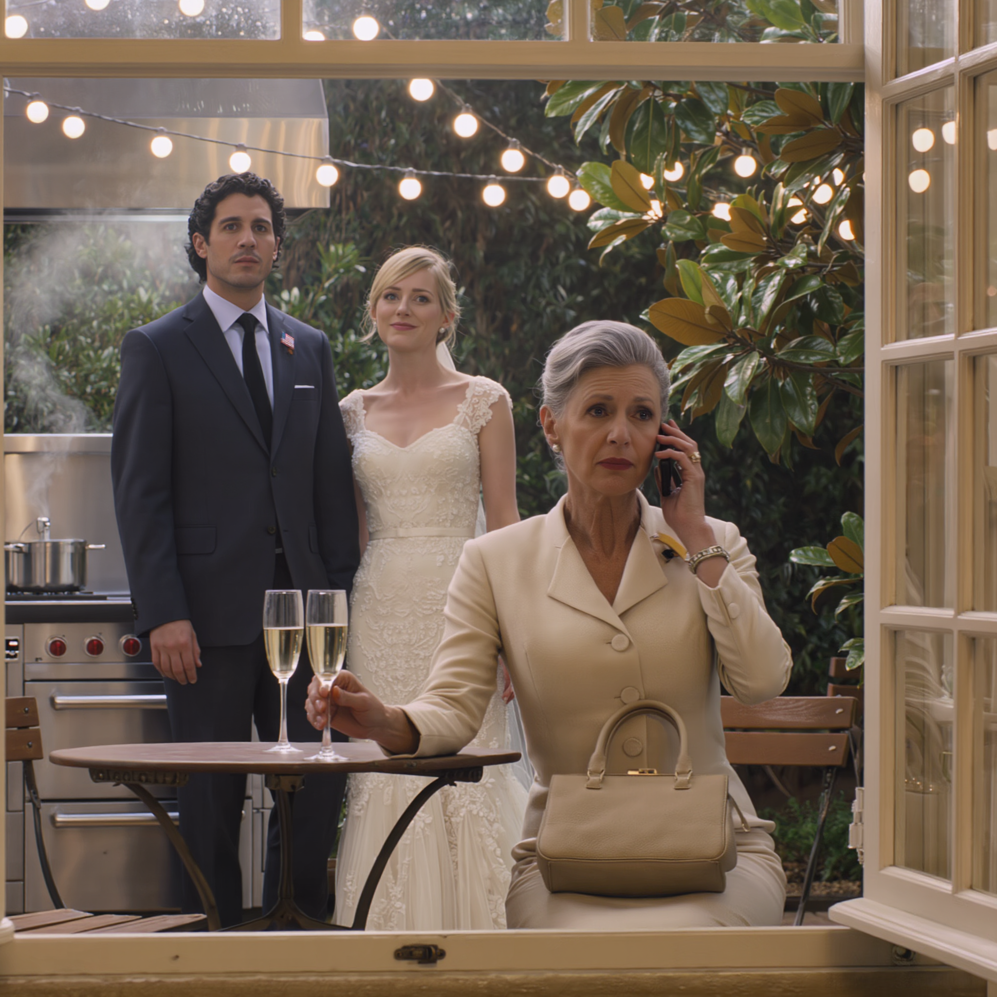 My daughter-in-law led me to a table in the kitchen at my son’s wedding. I smiled, took out my phone, and said just six words. My son’s smile faded as he realized it was too late.