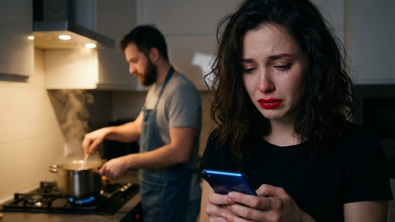 Mientras mi esposo preparaba la cena, me llegó un mensaje de una de sus compañeras de trabajo: “¡Te extraño!”. Respondí por él: “Ven, mi esposa no está en casa hoy”. Cuando sonó el timbre, la cara de mi esposo se quedó helada…