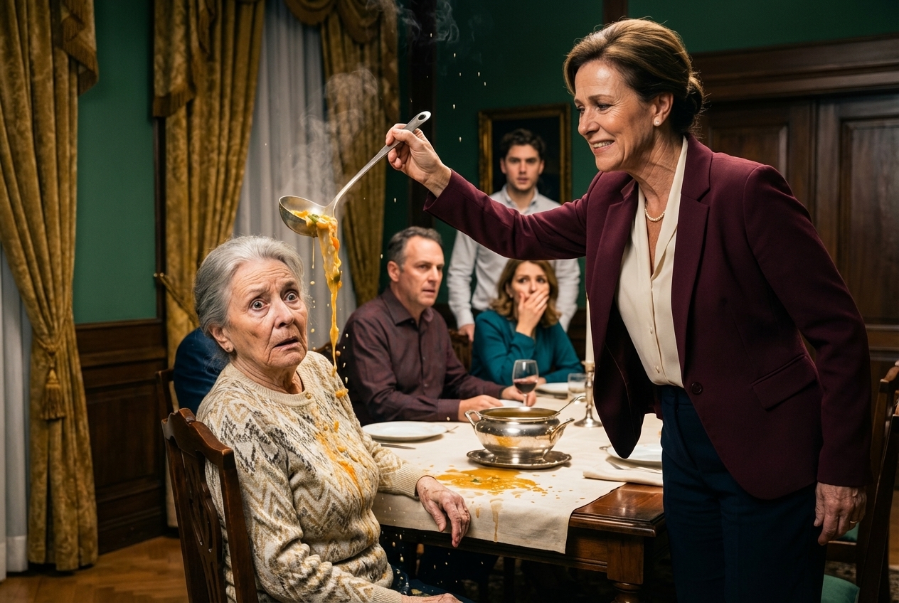 My son’s mother-in-law threw boiling soup in my face during dinner and smiled coldly. “You deserve it.” I waited for my son to speak up, but he only agreed: “She’s right, Mom.” I said nothing. I wiped my burning skin, stood up, and walked out. Before leaving, I made one brief call—and the consequences were unforgettable