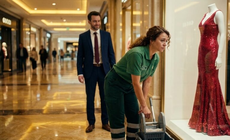 Tras 7 años de divorcio, encontró a su exesposa trabajando como personal de limpieza, observando en silencio un vestido de un millón de dólares detrás del escaparate