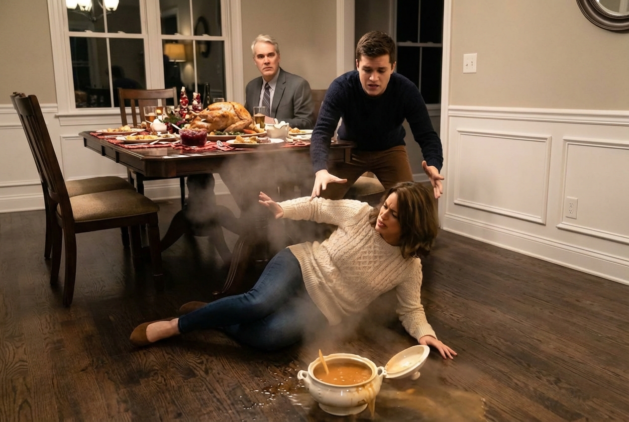 Mein Stiefsohn schob mich an den Weihnachtstisch und knurrte: “Dieser Platz gehört meiner Mutter. Raus hier.” Ich stürzte vor der ganzen Familie zu Boden. Niemand hat mir geholfen, aufzustehen. Sie aßen einfach weiter und taten so, als wäre nichts passiert. Fünf Jahre lang hatte ich dieser Familie alles gegeben – meine Zeit, meine Fürsorge, meine Loyalität. Aber in diesem Moment wurde mir klar, dass sie wissen mussten, wer ich wirklich war. Und was ich als Nächstes tat, veränderte nicht nur das Abendessen – es ließ ihre ganze Welt zusammenbrechen