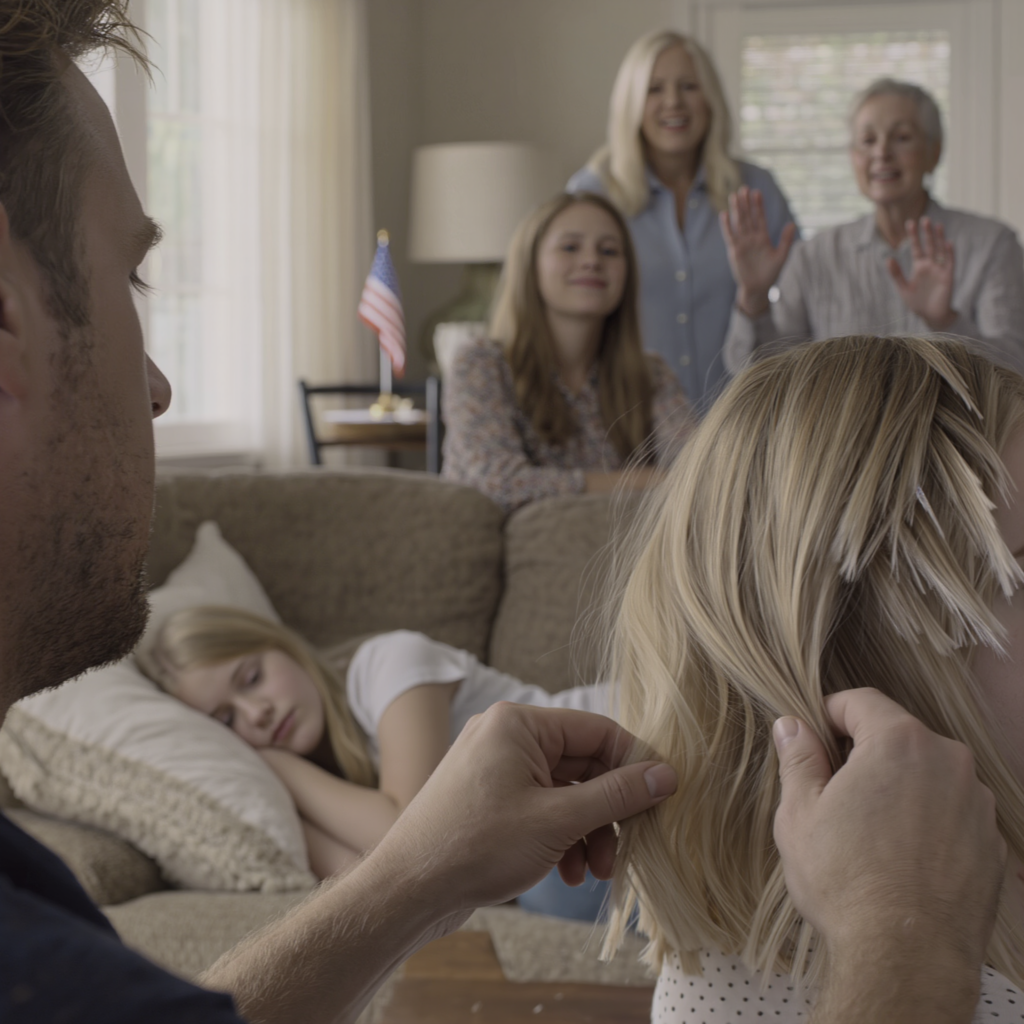 I opened my parents’ front door and heard my 9-year-old daughter sobbing… the hair she’d grown for 5 years had been hacked off while she begged them to stop… my little sister stayed ice-calm: “Hair grows back.”… my parents still took her side… my wife went silent for exactly a few seconds, then did one thing that made the whole room go dead quiet… and 30 minutes later, my 82-year-old grandma walked in with her cane and said one sentence—everyone went pale.