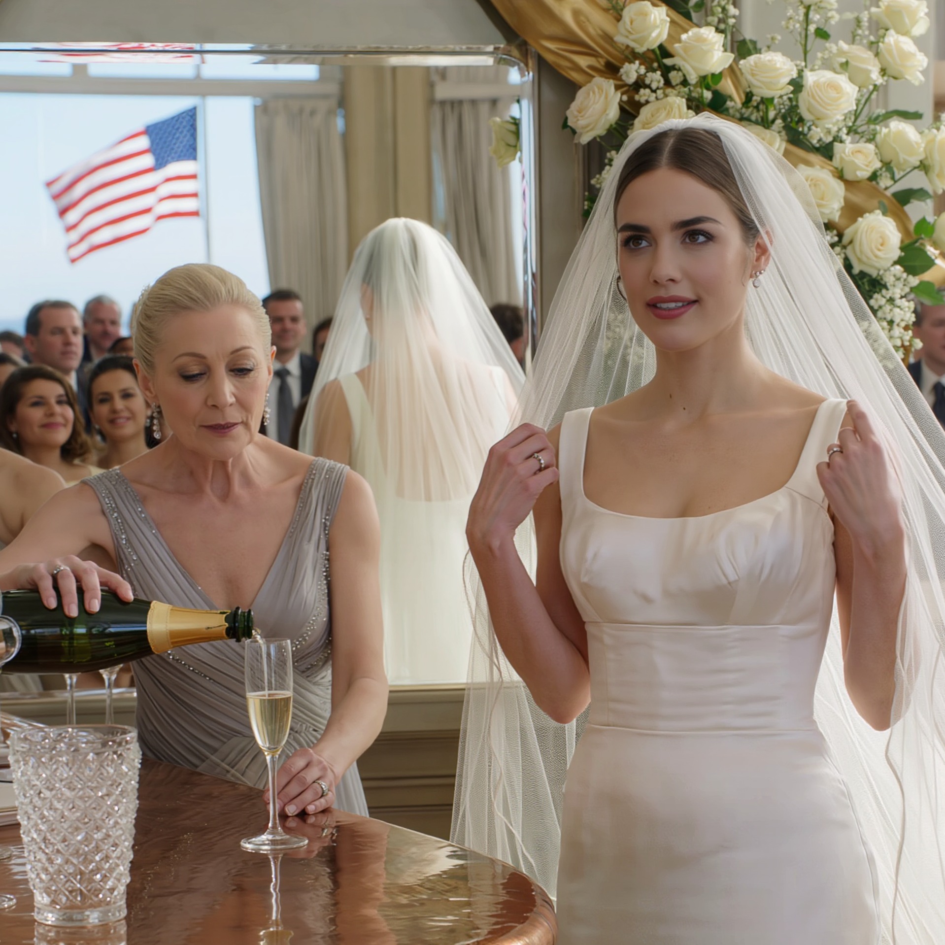 At the wedding reception in the suburbs of New York, I saw my mother-in-law lean over the bar and secretly slip a few drops of something into my champagne. I kept my face calm—no screaming, no running—just quietly swapped the glasses and went back to the head table, sitting beside my husband like the perfect bride. When she stood up to raise a “family” toast, I let her finish every single word. She had no idea she’d made the wrong choice… until the whole room realized it.