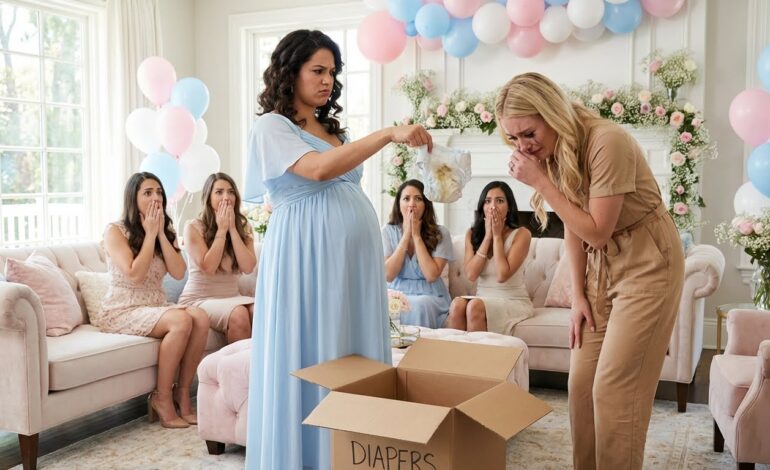 My sister said she got me a ‘special gift’ for my baby shower. It was a box full of diapers… used ones. Everyone laughed—until I announced she’d just lost her house. She shrugged and said, “oh, don’t be dramatic—you’re rich, buy a real gift yourself! “