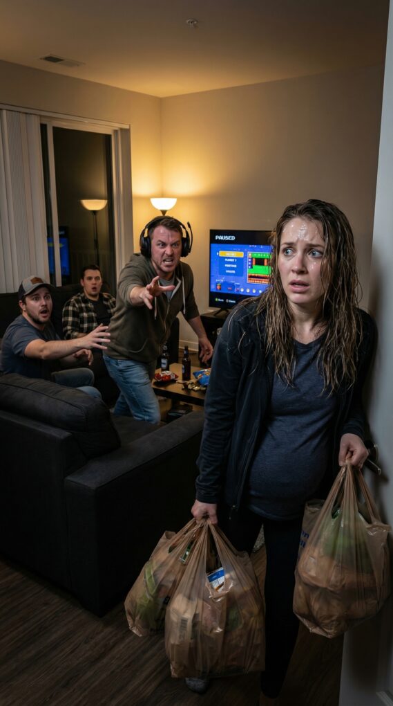 Nine months pregnant, I stagger up the stairs with grocery bags cutting into my swollen hands—sweat dripping, breath tearing. I push the door open and freeze: my husband gaming with his friends. He barks, “Don’t you know what time it is? Go cook!” I whisper, “I’m tired… just let me rest.” He lunges. “Stop acting!” A slap explodes across my face. I cook anyway. When I set the tray down, he opens it—then turns deathly pale. Because beneath the plates… lies the divorce paper. And this time, I’m not begging. I’m leaving.