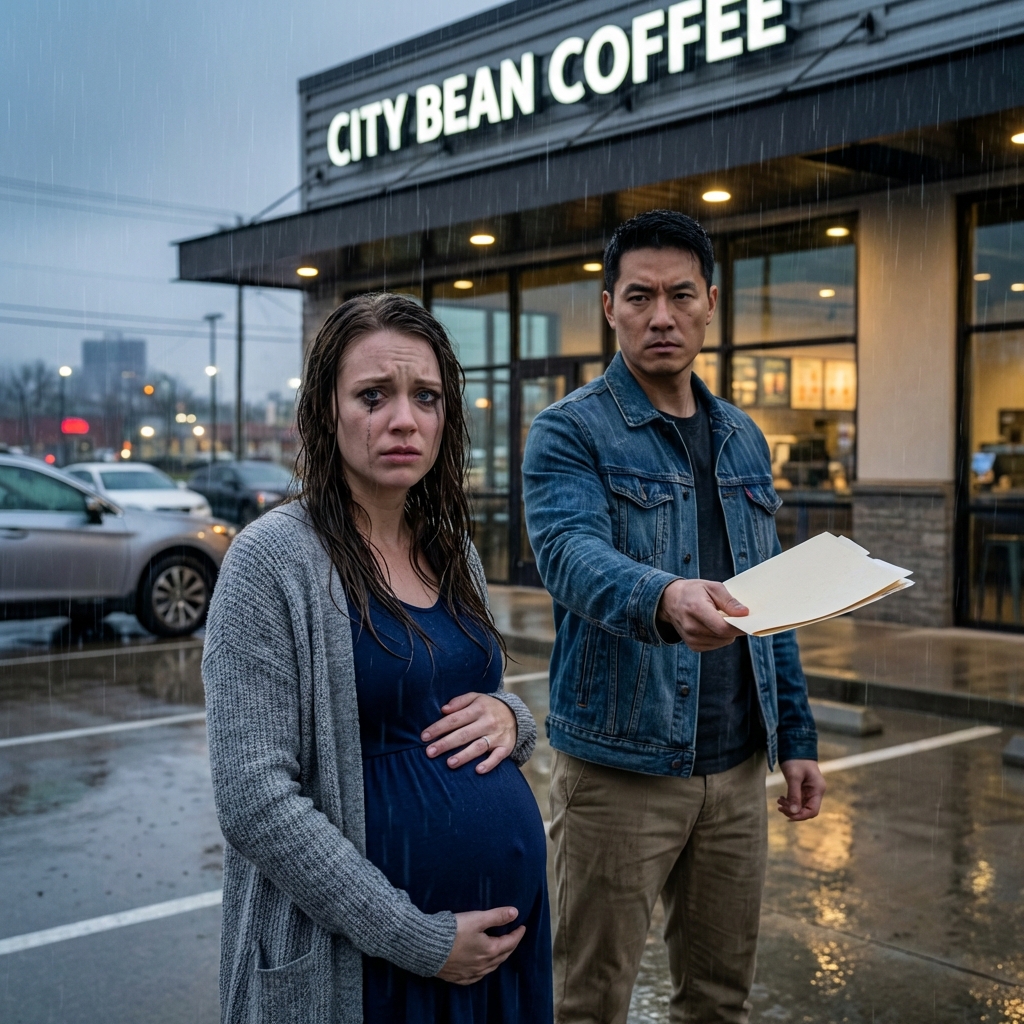 Rain hammered my skin as he stayed under the awning, eyes fixed past me. “She’s back,” he said, voice flat.