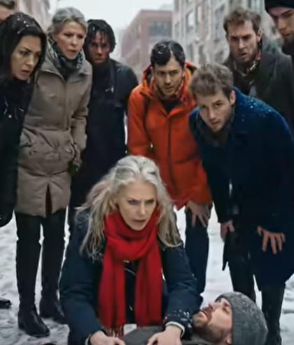 Nel mezzo di una tempesta di neve, una donna anziana senzatetto fu vista sdraiata su un grande motociclista privo di sensi, tenendolo stretto, mentre i passanti mormoravano che lei stesse aspettando che morisse.