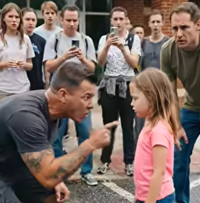 “Fermati lì!” urlò il motociclista mentre si precipitava verso la bambina che aveva appena rovesciato l’acqua, mentre gli spettatori si chiedevano perché la stesse spaventando invece di offrirle aiuto.