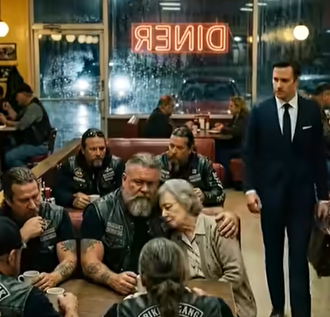 Una donna anziana spaventata entrò in una tavola calda tempestosa lungo la strada e supplicò uno sconosciuto motociclista di fingersi suo nipote — finché un uomo calmo in giacca e abito non arrivò e affermò che lei fosse sua madre, facendo mettere tutti in dubbio cosa fosse davvero vero.