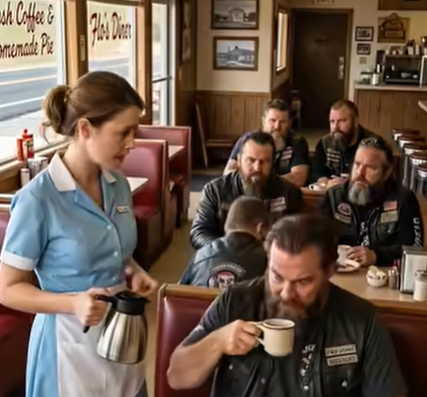 Una cameriera tranquilla che serviva lo stesso gruppo di motociclisti ogni martedì pensava fosse solo un altro turno di routine—finché una semplice menzione di suo padre non fece tacere sei uomini tempri, svelando un segreto di 12 anni che tutti avevano tenuto nascosto.