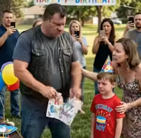 Tutti sussultarono quando un motociclista strappò un biglietto di compleanno a un bambino e lo strappò a metà—”Non toccate quello!” abbaiò, ma perché avrebbe mai distrutto un regalo di bambino così?