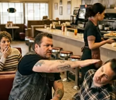 Durante la frenetica ora di punta della cena, un motociclista ha schiaffeggiato uno sconosciuto; pochi secondi dopo, nella stanza è calato il silenzio.